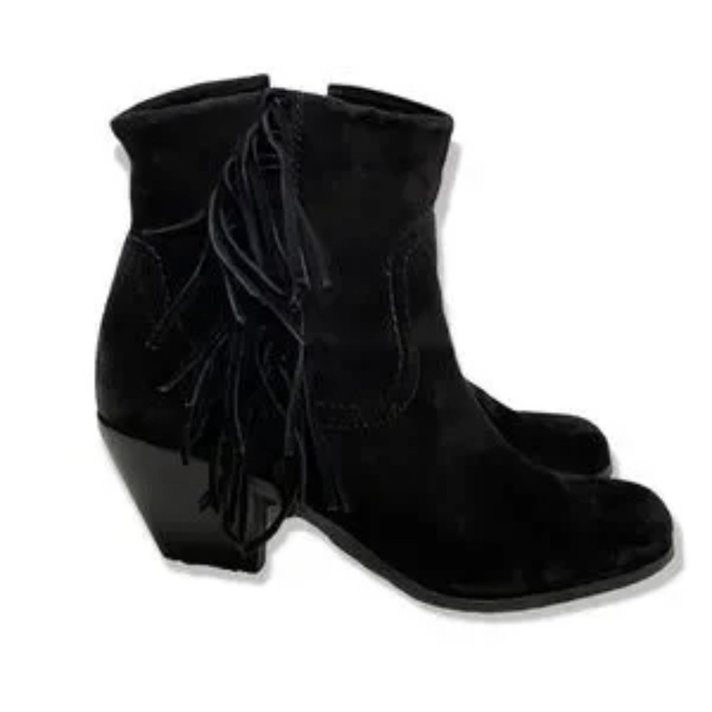 SAM EDELMAN Louie Ankle Boot Black Suede Western Fringe, Zip, Women's Size 10
